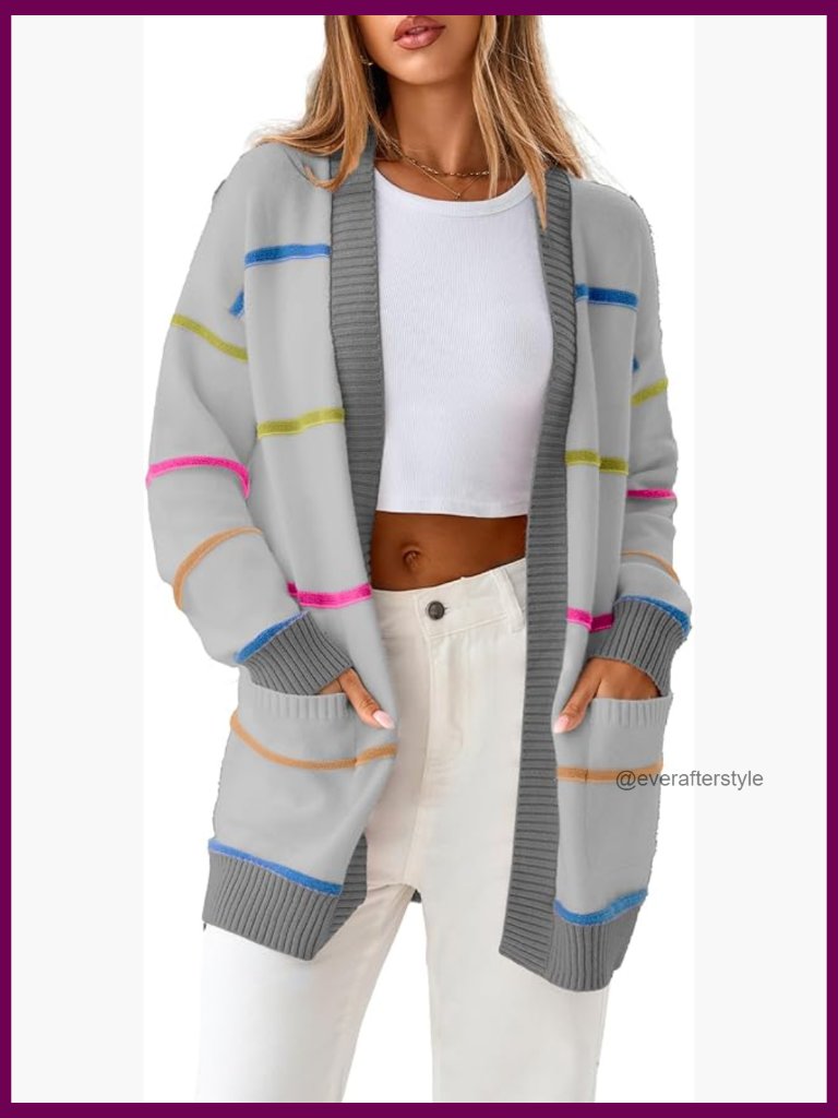 Lightweight Striped Long Sleeve Open Front Cardigan Sweater With Pockets